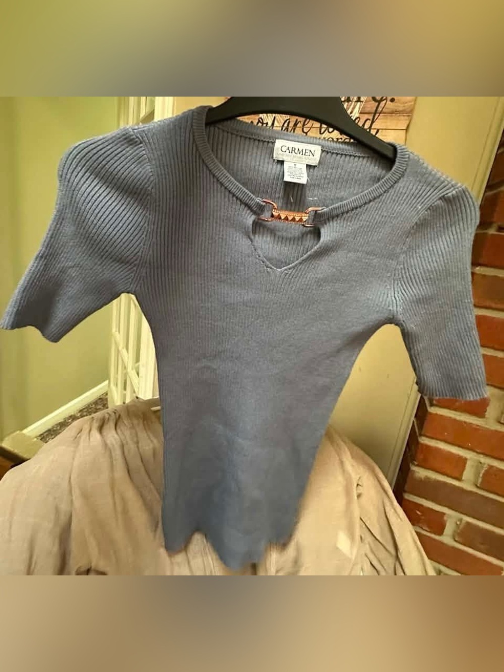 Carmen Marc Valvo Dusty Blue Ribbed Knit Top with Rose Gold Accent
